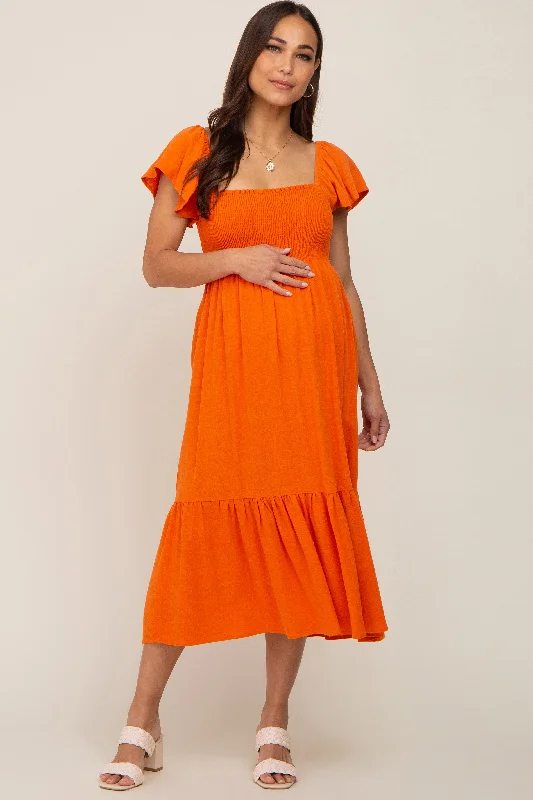 Midi dresses with ribbed textures for a unique and tactile appearanceOrange Smocked Ruffle Hem Maternity Midi Dress Midi dresses with ribbed textures for a unique and tactile appearanceOrange Smocked Ruffle Hem Maternity Midi Dress