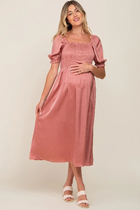 Midi dresses with pleated bodices for a classic and tailored lookPink Satin Puff Sleeve Maternity Midi Dress Midi dresses with pleated bodices for a classic and tailored lookPink Satin Puff Sleeve Maternity Midi Dress