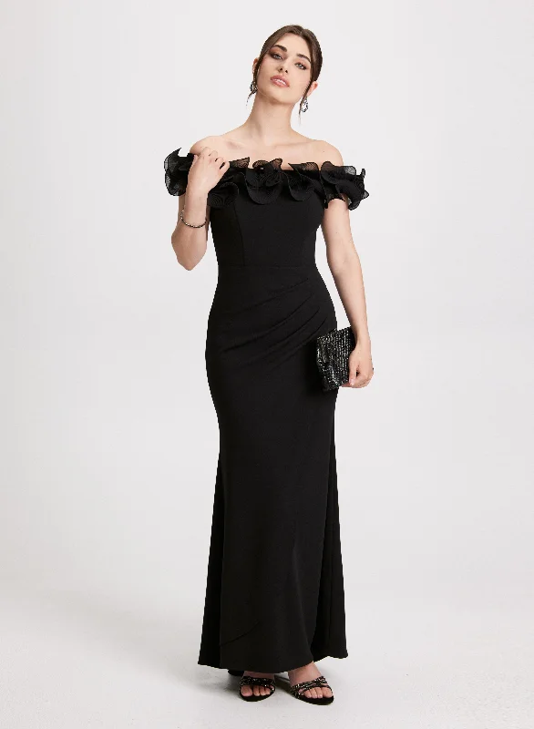 Midi dresses with asymmetric hems for a fashion - forward and dynamic appearanceRuffled Off-the-Shoulder Dress Midi dresses with asymmetric hems for a fashion - forward and dynamic appearanceRuffled Off-the-Shoulder Dress