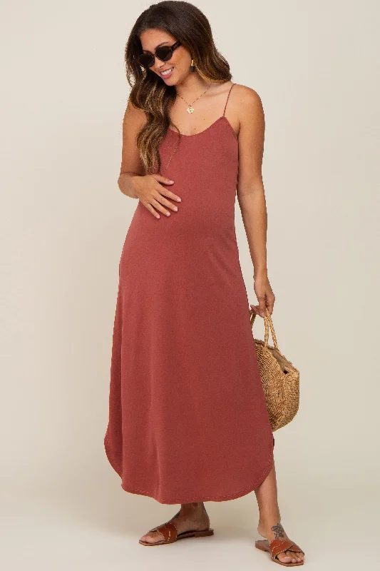 Midi dresses with V - necklines for a flattering and elongating effectRust Basic Maternity Midi Dress Midi dresses with V - necklines for a flattering and elongating effectRust Basic Maternity Midi Dress
