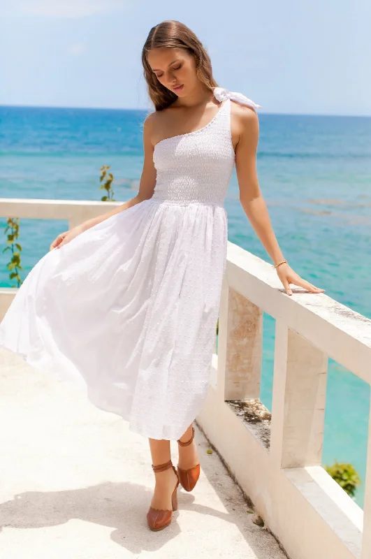 A - line midi dresses with floral prints for spring brunchesSienna One-Shoulder Shirred Dress A - line midi dresses with floral prints for spring brunchesSienna One-Shoulder Shirred Dress