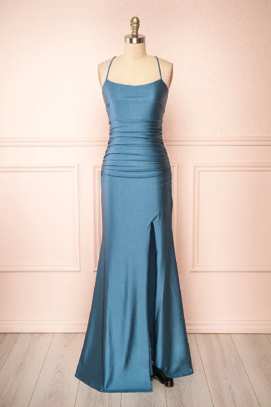 Midi dresses with mesh inserts for a trendy and breathable optionSonia Blue Grey | Mermaid Maxi Dress w/ Slit Midi dresses with mesh inserts for a trendy and breathable optionSonia Blue Grey | Mermaid Maxi Dress w/ Slit