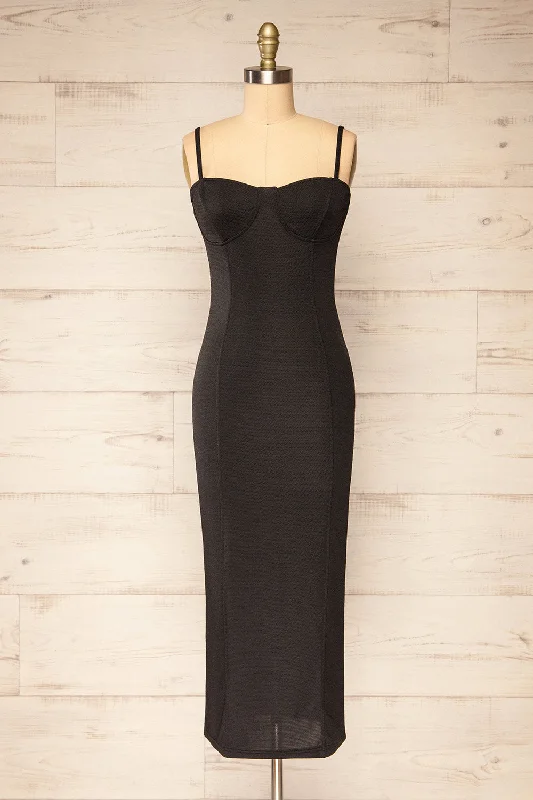 Midi dresses with ribbed textures for a unique and tactile appearanceSuai Black | Fitted Midi Dress w/ Back Slit Midi dresses with ribbed textures for a unique and tactile appearanceSuai Black | Fitted Midi Dress w/ Back Slit