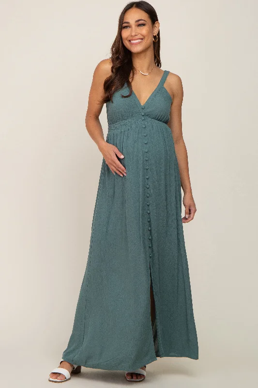 Midi dresses with pom - pom trims for a playful and festive lookTeal Button Front Accent Maternity Maxi Dress Midi dresses with pom - pom trims for a playful and festive lookTeal Button Front Accent Maternity Maxi Dress