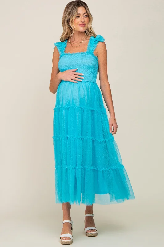 Midi dresses with puff sleeves for a vintage - inspired lookTurquoise Smocked Mesh Ruffle Accent Maternity Midi Dress Midi dresses with puff sleeves for a vintage - inspired lookTurquoise Smocked Mesh Ruffle Accent Maternity Midi Dress