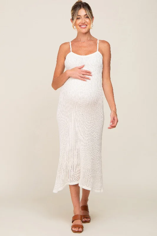 Midi dresses with belted waists to accentuate the figureWhite Open Knit Crochet Maternity Midi Dress Midi dresses with belted waists to accentuate the figureWhite Open Knit Crochet Maternity Midi Dress