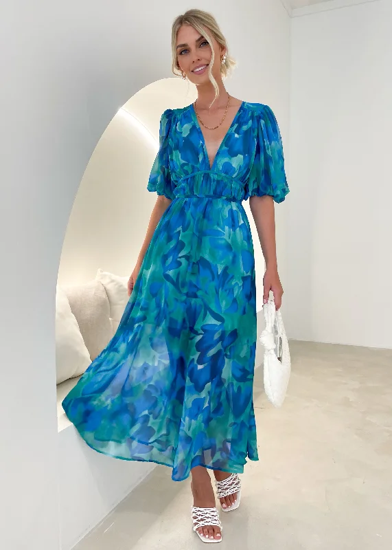 Midi dresses with empire waists for a flattering maternity optionZanette Midi Dress - Cobalt Swirl Midi dresses with empire waists for a flattering maternity optionZanette Midi Dress - Cobalt Swirl