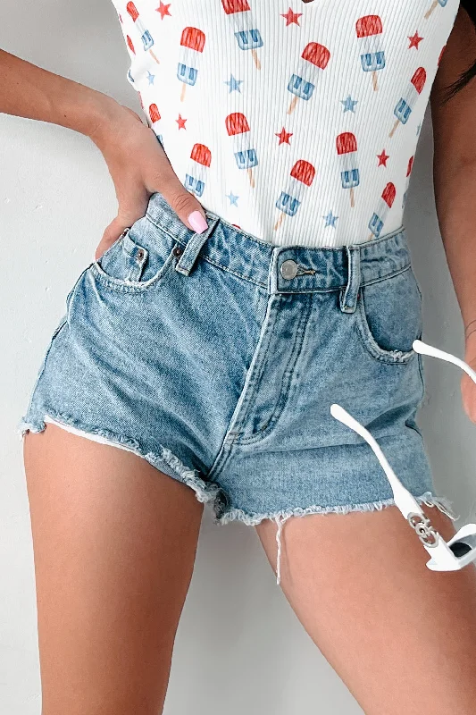 Plus Size Women's Denim Shorts with Embroidered Flowers in Light Blue for a Feminine TouchHaruko High Rise Button-Fly Denim Shorts (Medium Denim) Plus Size Women's Denim Shorts with Embroidered Flowers in Light Blue for a Feminine TouchHaruko High Rise Button-Fly Denim Shorts (Medium Denim)
