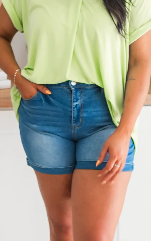 High - Waisted Plus Size Women's Denim Shorts with Distressed Details for a Trendy LookHigh Rise Tummy Control Denim Shorts - Final Sale High - Waisted Plus Size Women's Denim Shorts with Distressed Details for a Trendy LookHigh Rise Tummy Control Denim Shorts - Final Sale
