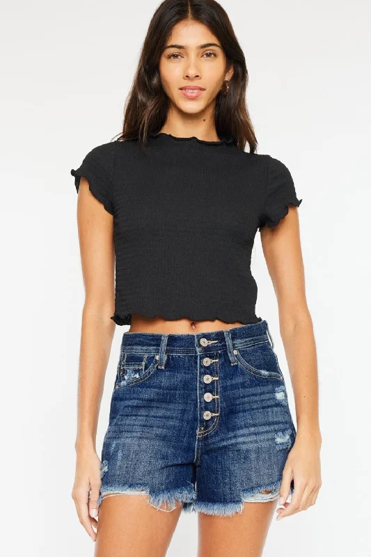Plus Size Women's Denim Shorts with a Button - Fly in Dark Indigo for a Durable and Timeless StyleKancan Raw Hem Button-Fly Denim Shorts Plus Size Women's Denim Shorts with a Button - Fly in Dark Indigo for a Durable and Timeless StyleKancan Raw Hem Button-Fly Denim Shorts
