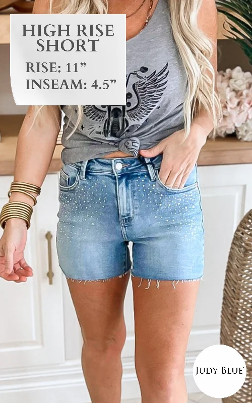 Plus Size Women's Stretch Denim Shorts with Belt Loops in Medium Wash for a Versatile FitThe Monica High Waist Rhinestone Embellishment Denim Shorts (REG/CURVY) | Judy Blue - Final Sale Plus Size Women's Stretch Denim Shorts with Belt Loops in Medium Wash for a Versatile FitThe Monica High Waist Rhinestone Embellishment Denim Shorts (REG/CURVY) | Judy Blue - Final Sale