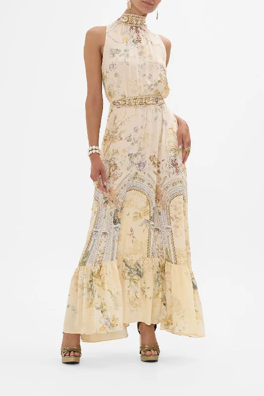 Maxi dresses with a belted empire waist for a more defined and flattering silhouetteNECKTIE DRESS WITH ELASTICATED WAIST ADORNED IN ANTIQUITY Maxi dresses with a belted empire waist for a more defined and flattering silhouetteNECKTIE DRESS WITH ELASTICATED WAIST ADORNED IN ANTIQUITY
