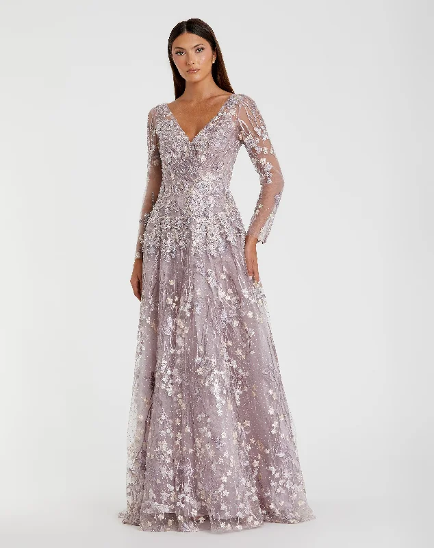 Maxi dresses with a criss - cross back for a flirty and unique detailEmbroidered Lace Wrap Over Illusion Long Sleeve A Line Gown