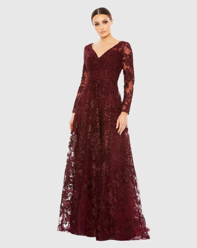 Maxi dresses with a criss - cross back for a flirty and unique detailEmbellished Illusion Long Sleeve V Neck Gown Maxi dresses with a criss - cross back for a flirty and unique detailEmbellished Illusion Long Sleeve V Neck Gown