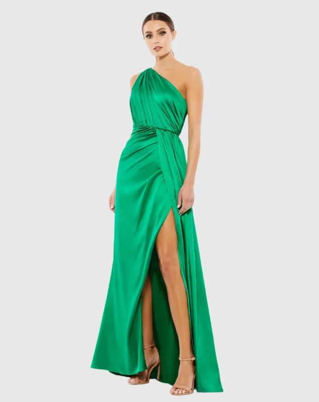 Maxi dresses with mesh panels for a sexy and trendy appearanceGathered One Shoulder Satin Faux Wrap Gown Maxi dresses with mesh panels for a sexy and trendy appearanceGathered One Shoulder Satin Faux Wrap Gown