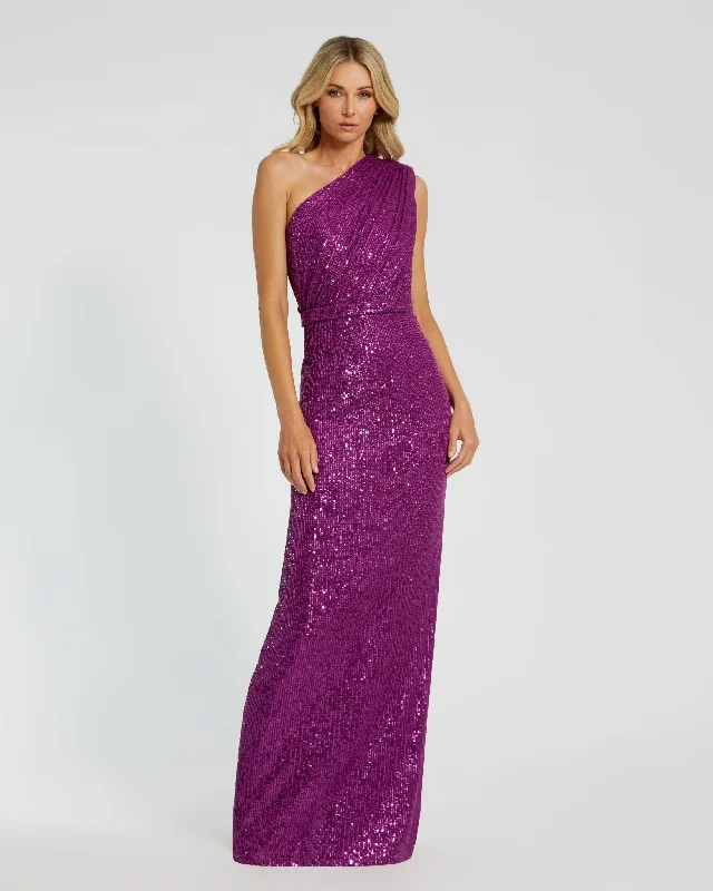 Maxi dresses with pom - pom trims for a playful and festive lookDark Purple Sequined Ruched One Shoulder Gown Maxi dresses with pom - pom trims for a playful and festive lookDark Purple Sequined Ruched One Shoulder Gown