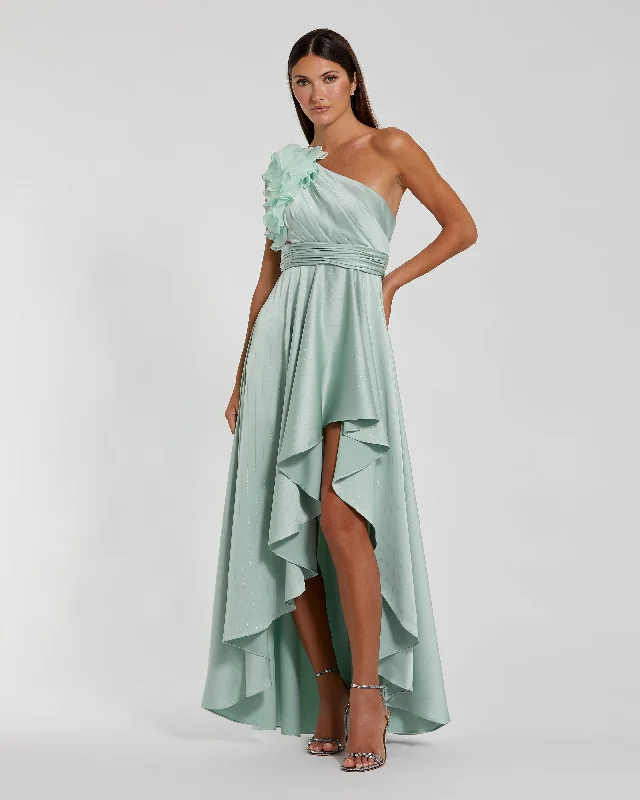 Maxi dresses with a button - down front for a classic lookBlue Ruffled One Shoulder Cut Out Hi-Low Gown Maxi dresses with a button - down front for a classic lookBlue Ruffled One Shoulder Cut Out Hi-Low Gown