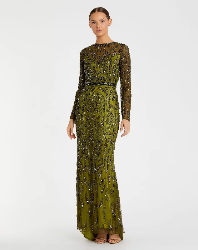 Maxi dresses with mesh panels for a sexy and trendy appearanceOlive Green Beaded Long Sleeve Evening Gown Maxi dresses with mesh panels for a sexy and trendy appearanceOlive Green Beaded Long Sleeve Evening Gown