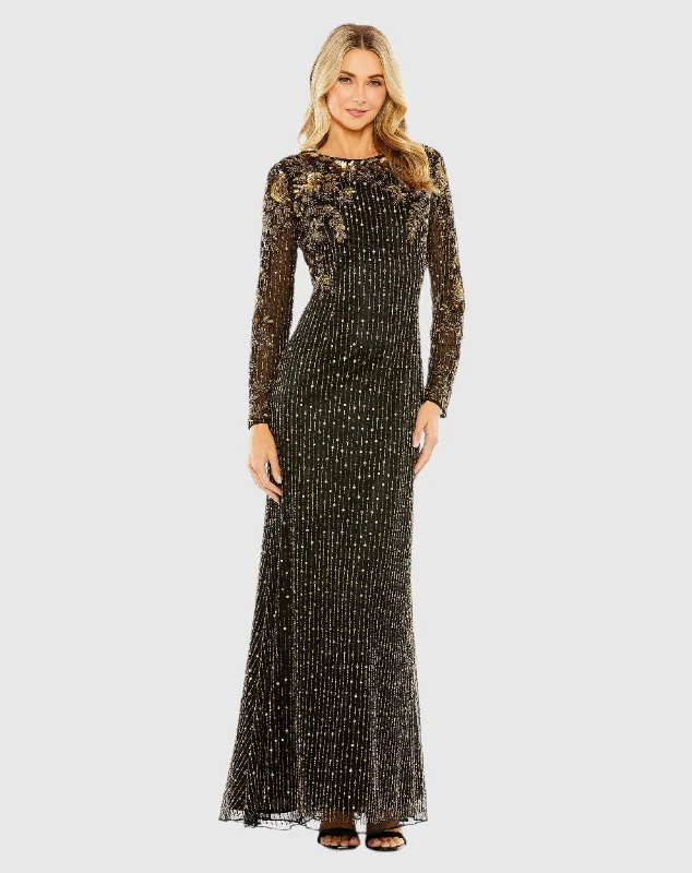 Maxi dresses with thin spaghetti straps for a delicate and feminine feelHigh Neck Long Sleeve Embellished Gown Maxi dresses with thin spaghetti straps for a delicate and feminine feelHigh Neck Long Sleeve Embellished Gown