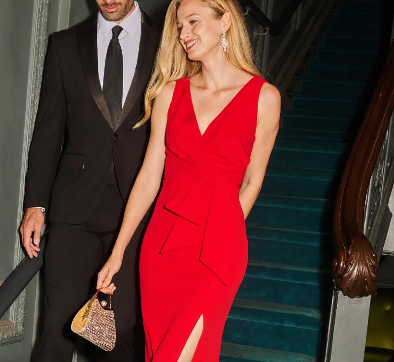 Cotton maxi dresses for a comfortable and everyday - wear optionBow Front Crepe Gown In Super Red Cotton maxi dresses for a comfortable and everyday - wear optionBow Front Crepe Gown In Super Red