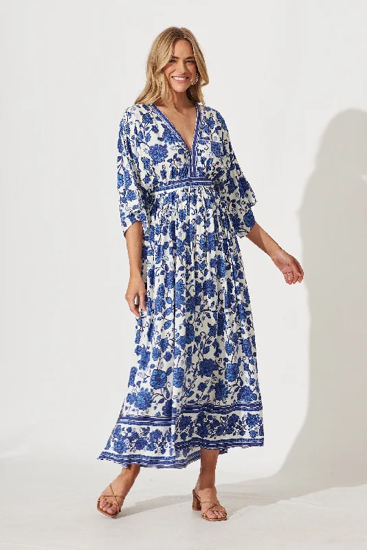Maxi dresses with one - shoulder designs for a stylish and asymmetric lookBreak Free Maxi Dress In Cream With Blue Floral Border Print Maxi dresses with one - shoulder designs for a stylish and asymmetric lookBreak Free Maxi Dress In Cream With Blue Floral Border Print