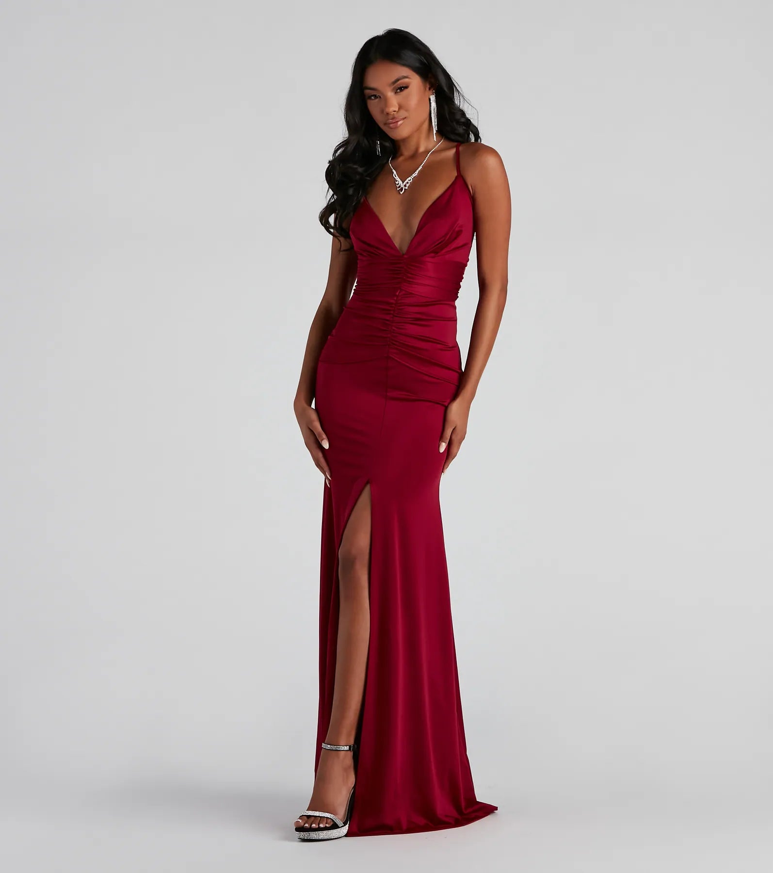 Maxi dresses with thin spaghetti straps for a delicate and feminine feelCeline Formal Ruche Slit Long Dress Maxi dresses with thin spaghetti straps for a delicate and feminine feelCeline Formal Ruche Slit Long Dress