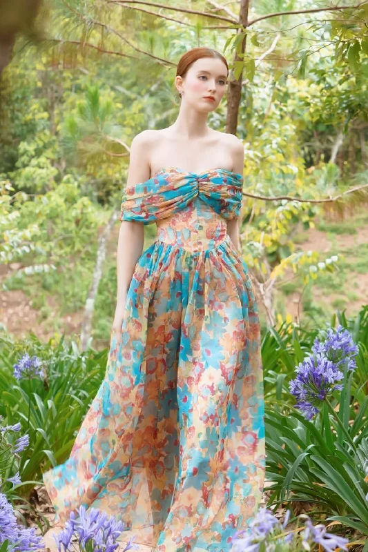 Denim maxi dresses with frayed hems for a casual lookCosmos Fit and Flare Heart Neck Voile Maxi Dress Denim maxi dresses with frayed hems for a casual lookCosmos Fit and Flare Heart Neck Voile Maxi Dress