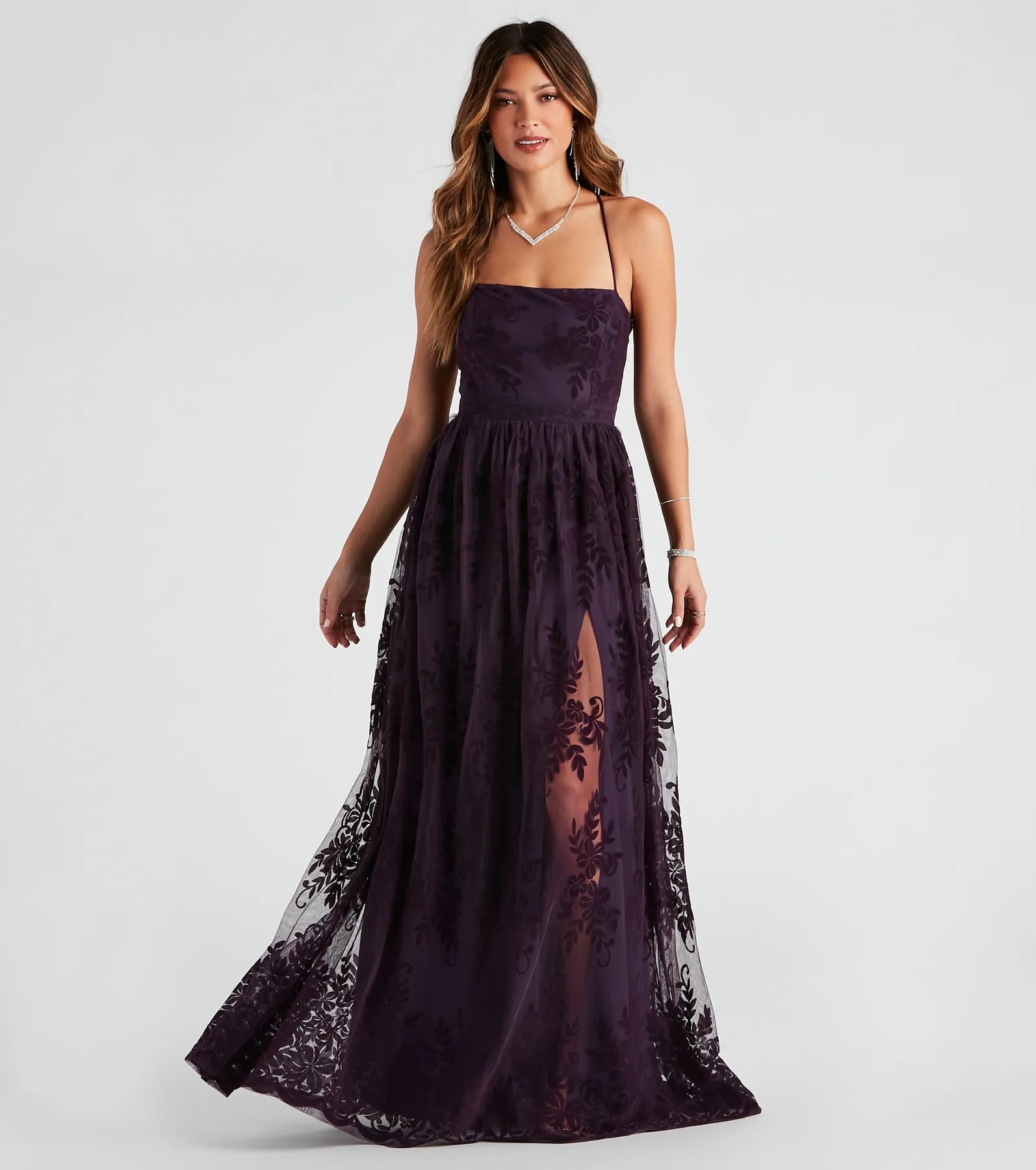 Maxi dresses with bow accents at the waist for a sweet appearanceDesiree Formal Flocked Mesh Dress Maxi dresses with bow accents at the waist for a sweet appearanceDesiree Formal Flocked Mesh Dress