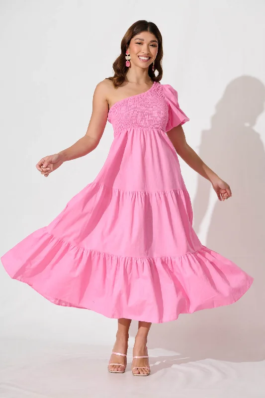 Maxi dresses with bow accents at the waist for a sweet appearanceElyria Maxi Dress In Pink Cotton Linen Blend Maxi dresses with bow accents at the waist for a sweet appearanceElyria Maxi Dress In Pink Cotton Linen Blend