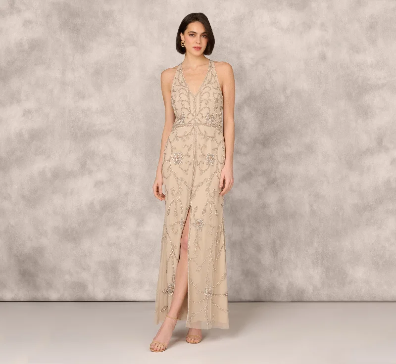 Maxi dresses with off - the - shoulder styles for a romantic and breezy lookFlourish Beaded Halter Gown With Open Back In Biscotti Maxi dresses with off - the - shoulder styles for a romantic and breezy lookFlourish Beaded Halter Gown With Open Back In Biscotti