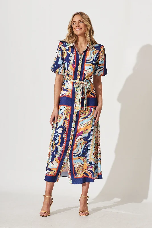 Polyester maxi dresses for easy - care and durabilityGabriela Maxi Shirt Dress In Navy Multi Print Satin Polyester maxi dresses for easy - care and durabilityGabriela Maxi Shirt Dress In Navy Multi Print Satin