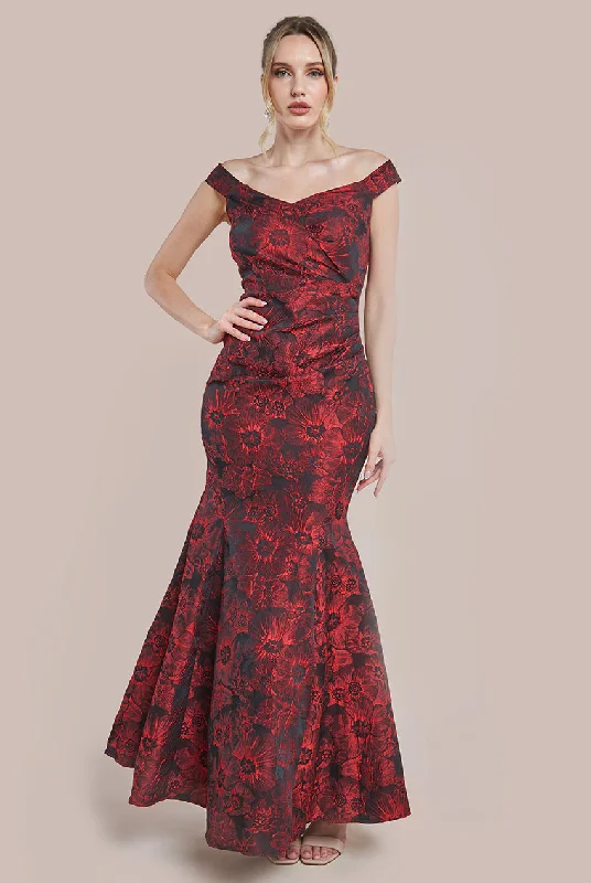 Maxi dresses with patchwork designs for a one - of - a - kind styleGoddiva Bardot Jacquard Maxi Dress - Wine Maxi dresses with patchwork designs for a one - of - a - kind styleGoddiva Bardot Jacquard Maxi Dress - Wine