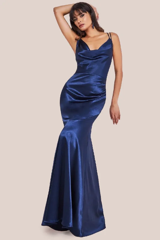 Printed maxi dresses with abstract patterns for an artistic lookGoddiva Cowl Neck With Strappy Back Satin Maxi - Navy Printed maxi dresses with abstract patterns for an artistic lookGoddiva Cowl Neck With Strappy Back Satin Maxi - Navy