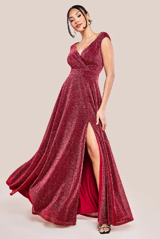 Maxi dresses with cut - out details on the sides for a modern edgeGoddiva Crossover Lurex Glitter Maxi Dress - Wine Maxi dresses with cut - out details on the sides for a modern edgeGoddiva Crossover Lurex Glitter Maxi Dress - Wine