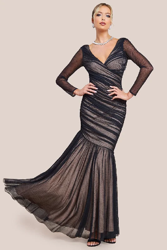 Maxi dresses with fringe trim for a bohemian vibeGoddiva Dobby Mesh Wrap Style Gathered Maxi Dress - Black Maxi dresses with fringe trim for a bohemian vibeGoddiva Dobby Mesh Wrap Style Gathered Maxi Dress - Black