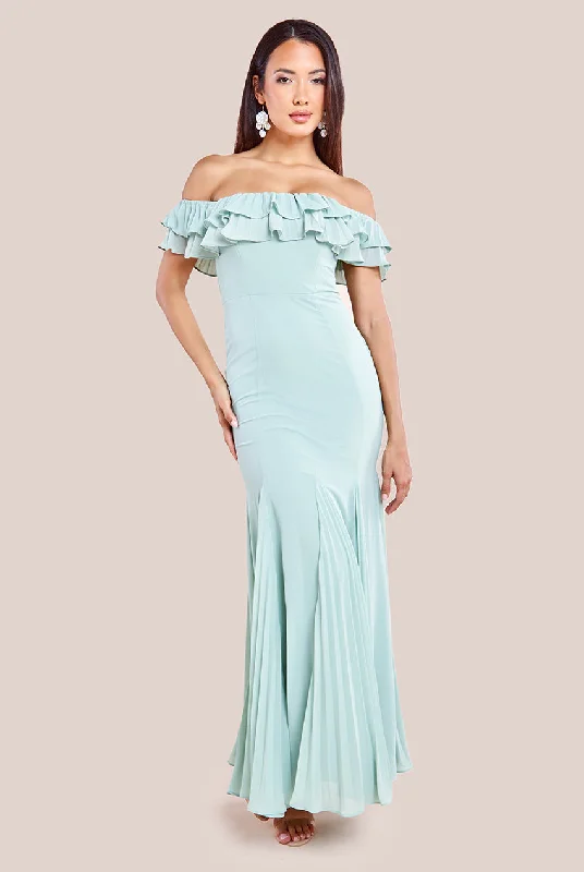 Maxi dresses with tassel accents for a fun and lively touchGoddiva Frilled Off The Shoulder Pleated Chiffon Maxi Dress - Sage Green Maxi dresses with tassel accents for a fun and lively touchGoddiva Frilled Off The Shoulder Pleated Chiffon Maxi Dress - Sage Green
