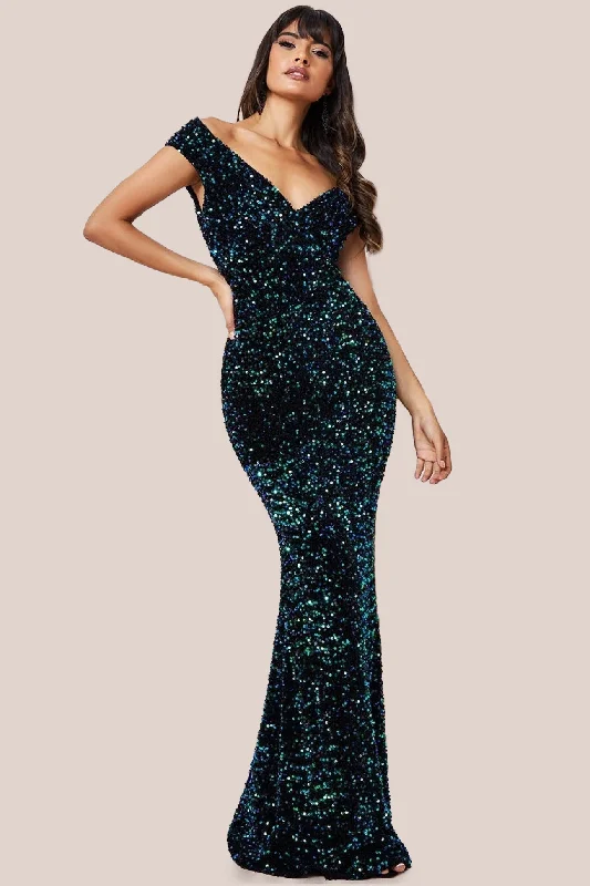 Cotton maxi dresses for a comfortable and everyday - wear optionGoddiva Multi Sequin & Velvet Bardot Maxi - Emerald Green Cotton maxi dresses for a comfortable and everyday - wear optionGoddiva Multi Sequin & Velvet Bardot Maxi - Emerald Green
