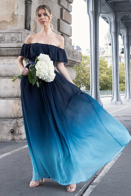 Maxi dresses with cut - out details on the sides for a modern edgeGoddiva Ombre Chiffon Bardot Frill A-line Maxi Dress - Navy Ombre Maxi dresses with cut - out details on the sides for a modern edgeGoddiva Ombre Chiffon Bardot Frill A-line Maxi Dress - Navy Ombre