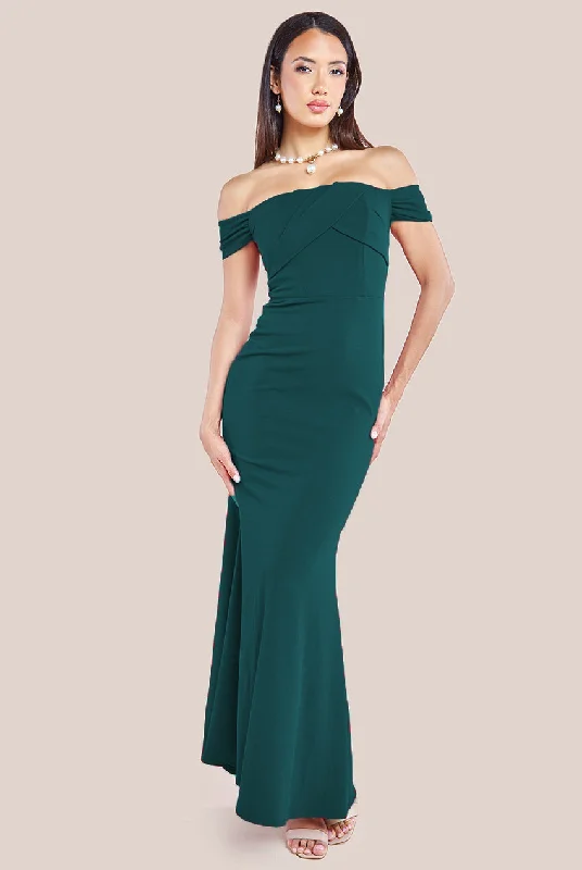 Denim maxi dresses with frayed hems for a casual lookGoddiva Pleated Bardot Scuba Maxi Dress - Emerald Green Denim maxi dresses with frayed hems for a casual lookGoddiva Pleated Bardot Scuba Maxi Dress - Emerald Green