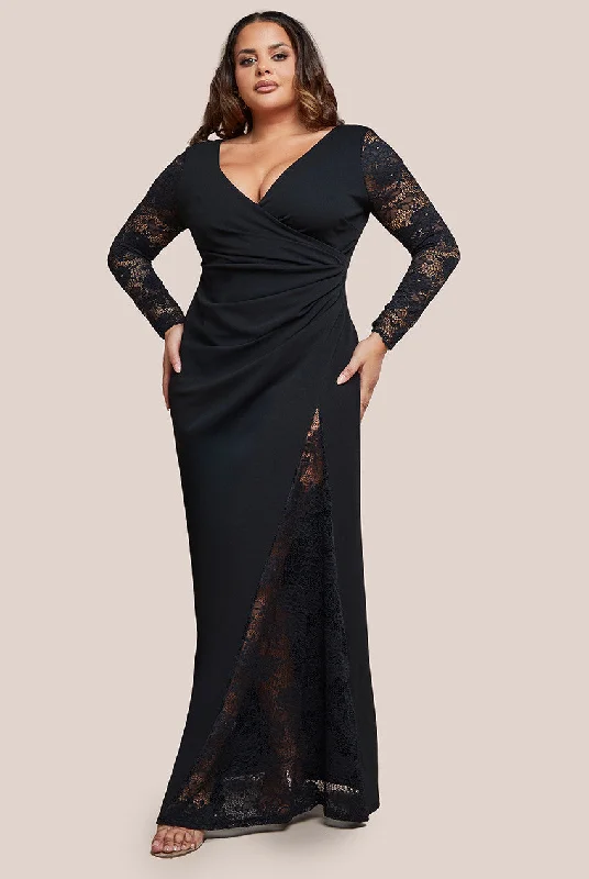 Maxi dresses with a wrap - around style for a customizable fitGoddiva Plus Scuba & Lace Wrap Maxi Dress - Black Maxi dresses with a wrap - around style for a customizable fitGoddiva Plus Scuba & Lace Wrap Maxi Dress - Black