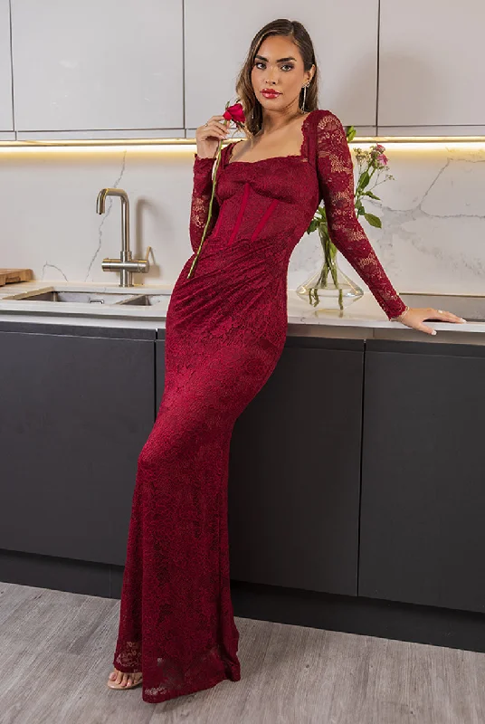 Leather maxi dresses for an edgy and bold appearanceGoddiva Scalloped Lace Corset Bodice Maxi Dress - Wine Leather maxi dresses for an edgy and bold appearanceGoddiva Scalloped Lace Corset Bodice Maxi Dress - Wine
