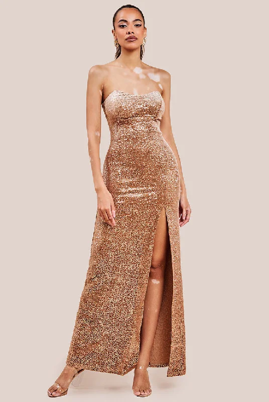 Linen maxi dresses for a breathable and lightweight summer optionGoddiva Sequin Velvet Bandeau Maxi Dress - Champagne Linen maxi dresses for a breathable and lightweight summer optionGoddiva Sequin Velvet Bandeau Maxi Dress - Champagne