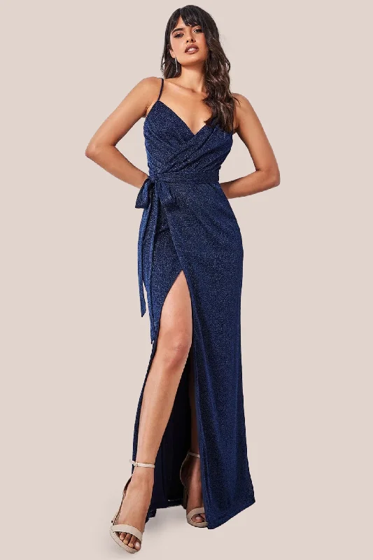 Maxi dresses with a ruffled neckline for a charming lookWrap Style Spaghetti Strap Maxi With Split - Navy by Goddiva Maxi dresses with a ruffled neckline for a charming lookWrap Style Spaghetti Strap Maxi With Split - Navy by Goddiva