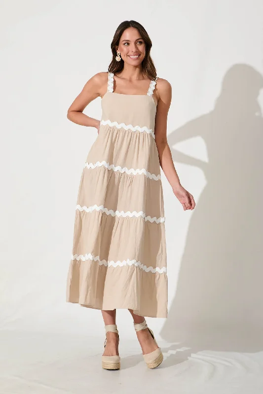Velvet maxi dresses with long sleeves for winter weddingsHara Maxi Sundress In Beige With White Ric Rac Trim Cotton Velvet maxi dresses with long sleeves for winter weddingsHara Maxi Sundress In Beige With White Ric Rac Trim Cotton