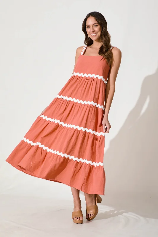 Maxi dresses with a cinched waist for a defined silhouetteHara Maxi Sundress In Rust With White Ric Rac Trim Cotton Maxi dresses with a cinched waist for a defined silhouetteHara Maxi Sundress In Rust With White Ric Rac Trim Cotton