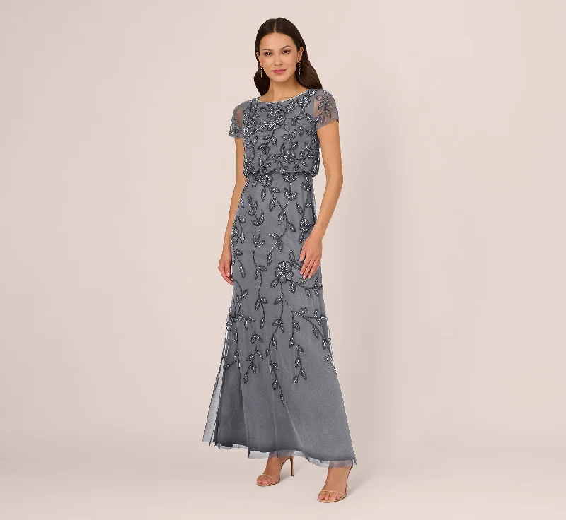 Plaid maxi dresses for fall fashion eventsJasmine Beaded Blouson Gown With Sheer Short Sleeves In Dusty Blue Plaid maxi dresses for fall fashion eventsJasmine Beaded Blouson Gown With Sheer Short Sleeves In Dusty Blue