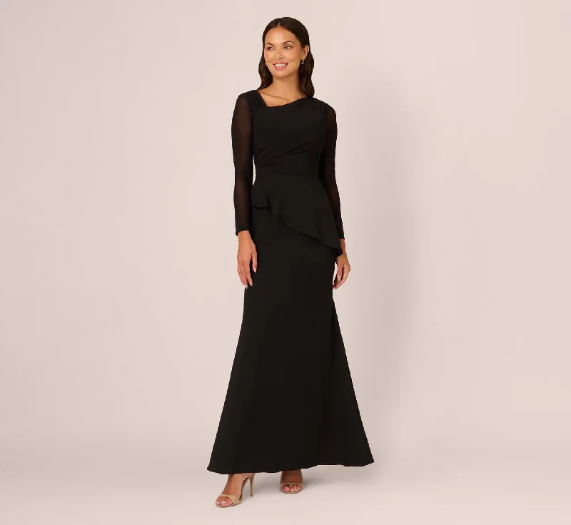 Maxi dresses with a criss - cross back for a flirty and unique detailKnit Crepe Combo Mesh Gown In Black Maxi dresses with a criss - cross back for a flirty and unique detailKnit Crepe Combo Mesh Gown In Black