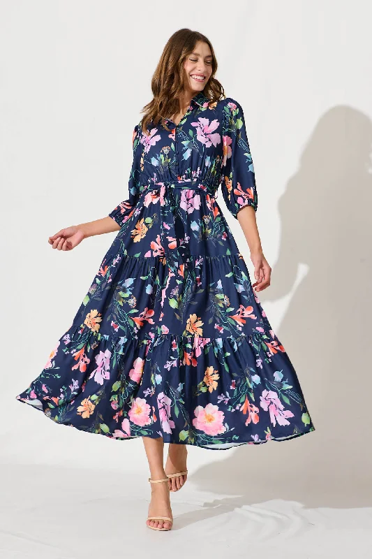 Floral print maxi dresses for summer garden partiesLove Song Maxi Dress In Navy With Multi Floral Print Floral print maxi dresses for summer garden partiesLove Song Maxi Dress In Navy With Multi Floral Print