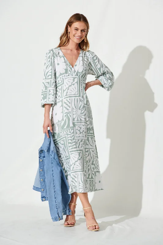 Maxi dresses with a wrap - around style for a customizable fitMeadow Maxi Dress In White With Sage Abstract Linen Blend Maxi dresses with a wrap - around style for a customizable fitMeadow Maxi Dress In White With Sage Abstract Linen Blend