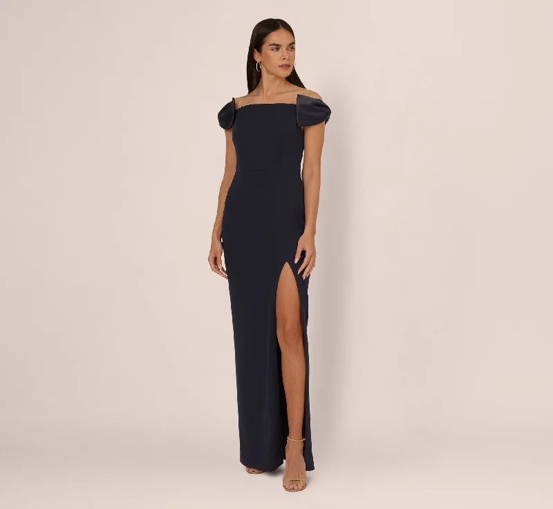 Maxi dresses with polka dot prints for a playful styleOff The Shoulder Crepe Column Gown With Bow Accents In Twilight Maxi dresses with polka dot prints for a playful styleOff The Shoulder Crepe Column Gown With Bow Accents In Twilight